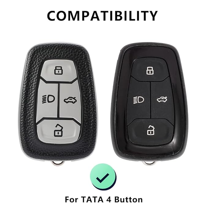 Keycare Leather TPU Key Cover Compatible for Tata Nexon Harrier Safari Altroz Punch Tigor 4 button Smart Key (Black)