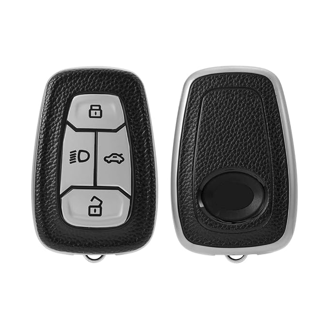 Keycare Leather TPU Key Cover Compatible for Tata Nexon Harrier Safari Altroz Punch Tigor 4 button Smart Key (Black)