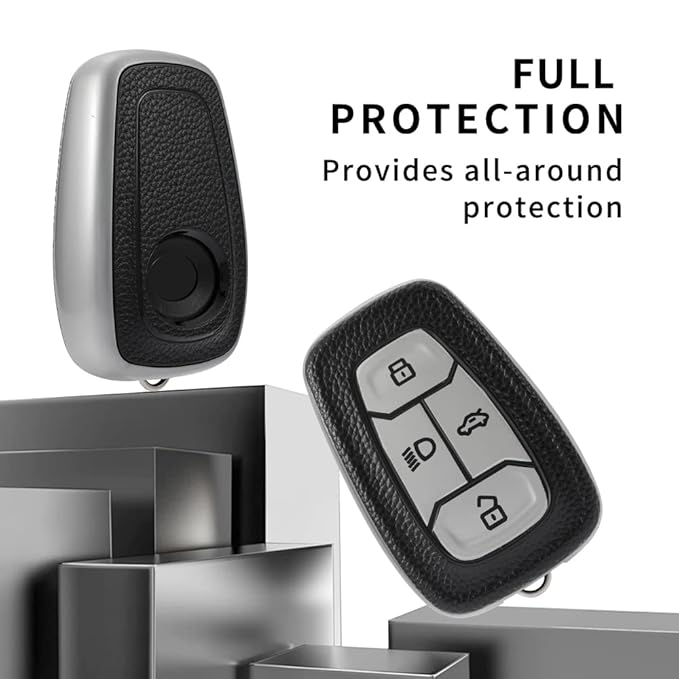 Keycare Leather TPU Key Cover Compatible for Tata Nexon Harrier Safari Altroz Punch Tigor 4 button Smart Key (Black)