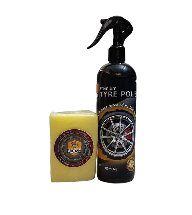 VBCK® Premium Tyre Polish with Applicator Pad Gives Long Lasting New Look to Car & Bike Tyres. Super Black Shine Non-Greasy. Easy to Spray Bottle with Accidental Spray Lock Environmental Friendly