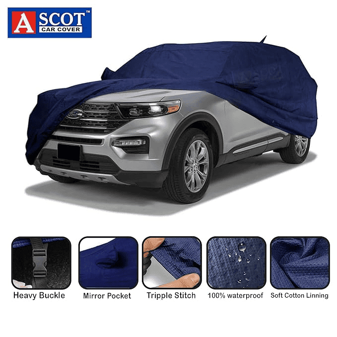 ASCOT, Car Body Cover Waterproof 3 Layers Custom-Fit All Weather Waterproof Automobiles Heat Resistant UV Proof Indoor & Outdoor (for Tata Tiago, Tiebond Blue) - VBCK VEHICLE SOLUTIONS