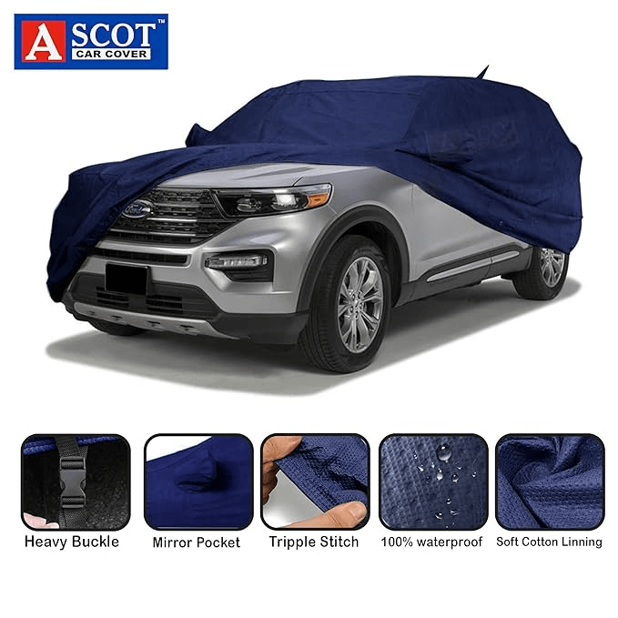 ASCOT, Car Body Cover Waterproof 3 Layers Custom-Fit All Weather Waterproof Automobiles Heat Resistant UV Proof Indoor & Outdoor (for Toyota Innova Crysta, Tiebond Blue) - VBCK VEHICLE SOLUTIONS