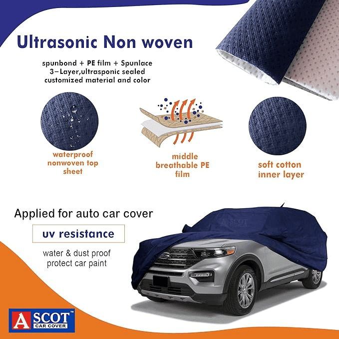 ASCOT, Car Body Cover Waterproof 3 Layers Custom-Fit All Weather Waterproof Automobiles Heat Resistant UV Proof Indoor & Outdoor (for Brezza, Tiebond Blue) - VBCK VEHICLE SOLUTIONS