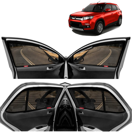 KINGSWAY CAR CURTAIN MAGNETIC SUN SHADES FOR MARUTI SUZUKI VITARA BREZZA, MODEL YEAR : 2016 - 2019, ZIPS IN FRONT WINDOW WITH REAR WINDSHIELD, COLOR : BLACK, COTTON MESH, COMPLETE SET OF 5 PIECE - VBCK VEHICLE SOLUTIONS