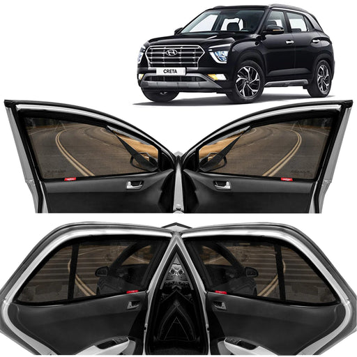 KINGSWAY CAR CURTAIN MAGNETIC SUN SHADES FOR HYUNDAI CRETA, MODEL YEAR : 2020 ONWARDS, ZIPS IN FRONT WINDOW WITH REAR WINDSHIELD, COLOR : BLACK, COTTON MESH, COMPLETE SET OF 5 PIECE - VBCK VEHICLE SOLUTIONS