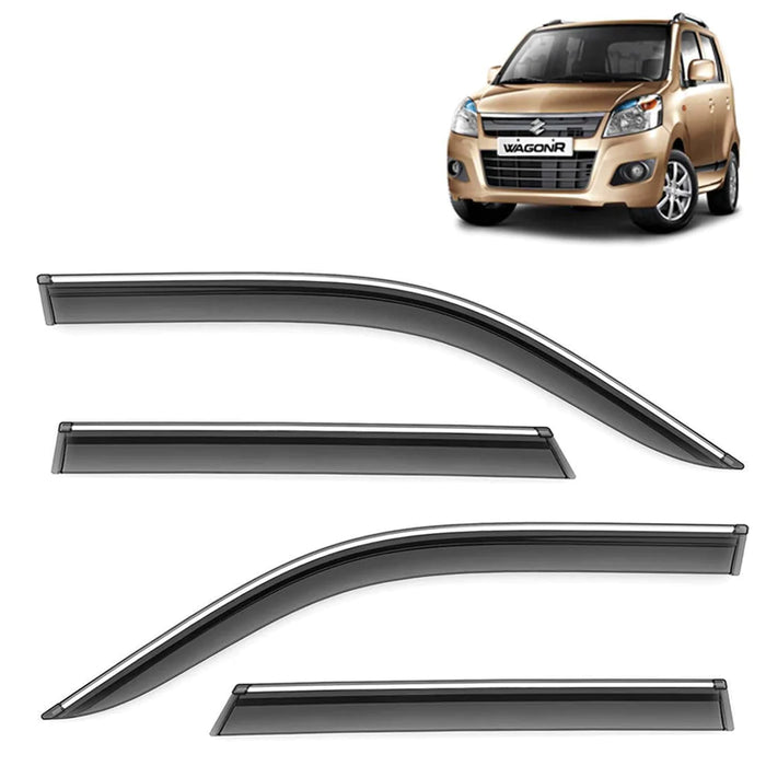 KINGSWAY® CAR SIDE DOOR VISOR RAIN GUARD COMPATIBLE WITH MARUTI SUZUKI WAGON R (YEAR 2010 - 2018) - CHROME LINED REAR WINDOW WIND DEFLECTORS, POLYCARBONATE, SMOKE, SET OF 4 PCS