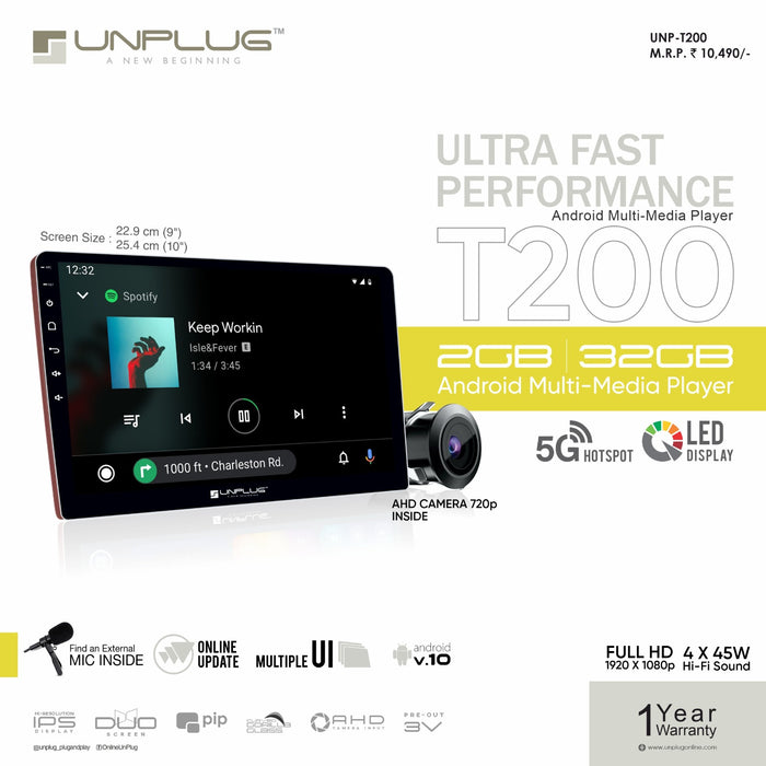 Unplug: UNP-T200 Android Sterio | Including Reverse Camera | Including Panel | Including Wiring Kit |