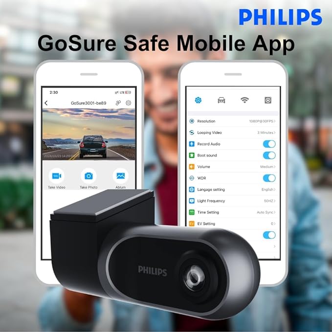 Philips GoSure 3001 Car Dash Camera | 2MP Full HD 1080p | 360° Rotatable | G-Sensor | 132° Super Wide Angle | Wi-Fi | Emergency Recording | Easy DIY Set Up | GoSure Safe Mobile Ap