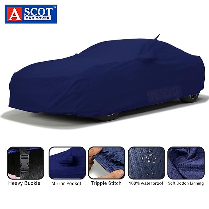 ASCOT, CAR COVER for Skoda Slavia Car Body Cover with Mirror & Antenna Pockets 3 Layers Custom-Fit All Weather Heat Resistant UV Proof for Indoor & Outdoor Use (SLAVIA Ambition, TIEBOND Blue)