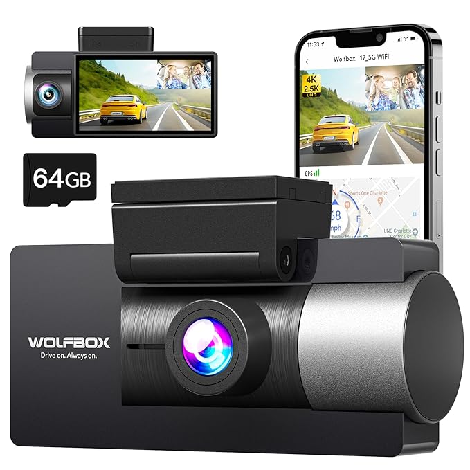 WOLFBOX i17 Dual Dash Camera for Car - 4K Front & 2.5K Inside | Car Dash Cam with 5G WiFi, 2160P UHD 3" LCD & 64GB Card | Car Camera with Recording, Super IR Night Vision, Smart Parking Monitor, & GPS (Including Hardwire Kit)