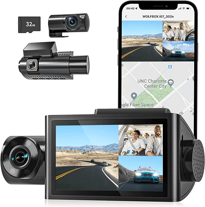 WOLFBOX i07 Dash Cam, 3 Channel Dash Cam Built in WiFi GPS, 4K+1080P Dash Camera Front and Inside, 2K 1440P+1080P+1080P, 3" LCD Super IR Night Vision, 24 Hours Parking Monitor, Support 512GB Max - VBCK VEHICLE SOLUTIONS